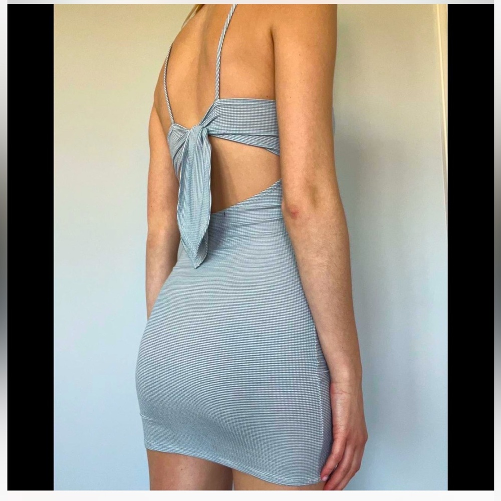 Forever 21 dress - blue/white stripe mini length bodycon sleeveless w/tie back
